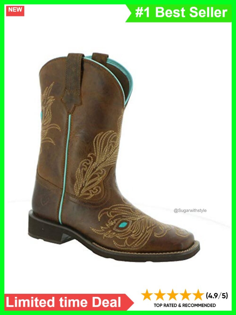 Western Cowgirl Boots Full-Grain Leather Square Toe 10 inch Shaft Mid-Calf